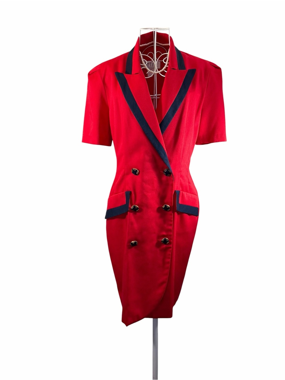 VTG 80s/90s Petite Sophisticate Power Suit Blazer Dress Size 8P Cherry Red Navy